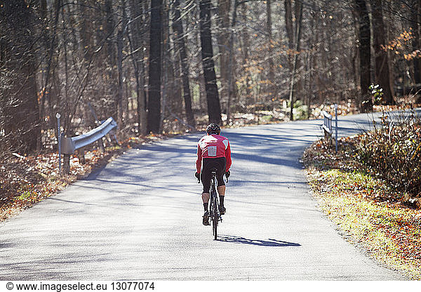 Rear view of cyclist riding bicycle on road in forest