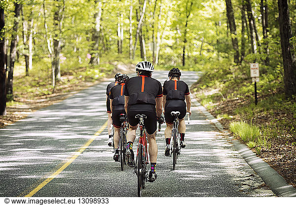 Rear view of cyclists riding bicycles on country road