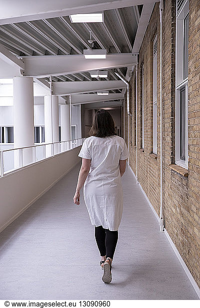 Rear view of female doctor walking in hospital corridor