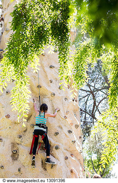Rear view of girl climbing rock wall at playground