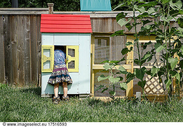 Rear view of little girl in large boots leaning inside chicken coop