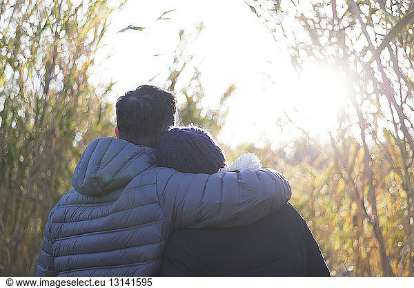 Rear view of man with arm around woman neck wearing warm clothing on field during sunny day