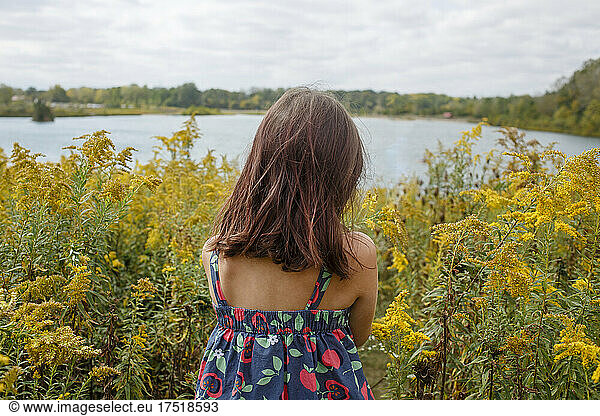 rear-view of small child standing in prairie of wildflowers by lake