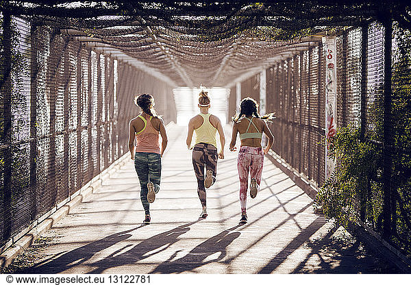 Rear view of sportswomen jogging on bridge on sunny day