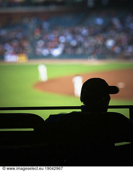 Rear view silhouette of person sitting in the bleachers at a Baseball Park  San Francisco  CA.