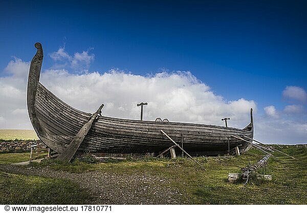 Reconstruction of a Viking longboat  Heroldswick  Unst  Shetland Islands  Scotland  Great Britain