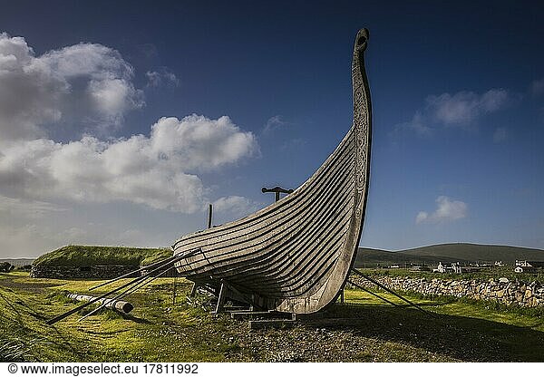 Reconstruction of a Viking longboat  Heroldswick  Unst  Shetland Islands  Scotland  Great Britain