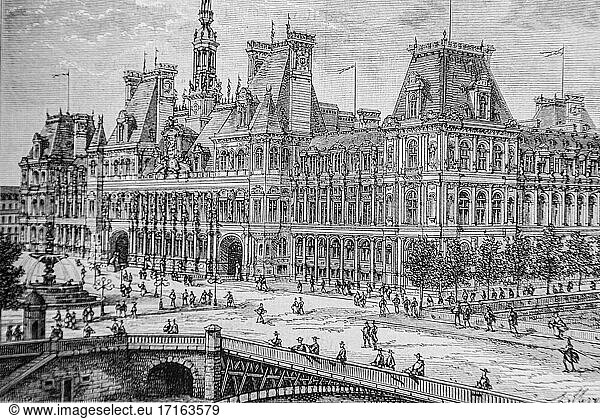 Reconstruction of monuments fired in 1871: Paris city hall  1861-1875  history of France by henri martin  editor furne 1880.
