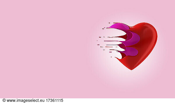 Red and pink liquid heart flying past pink background