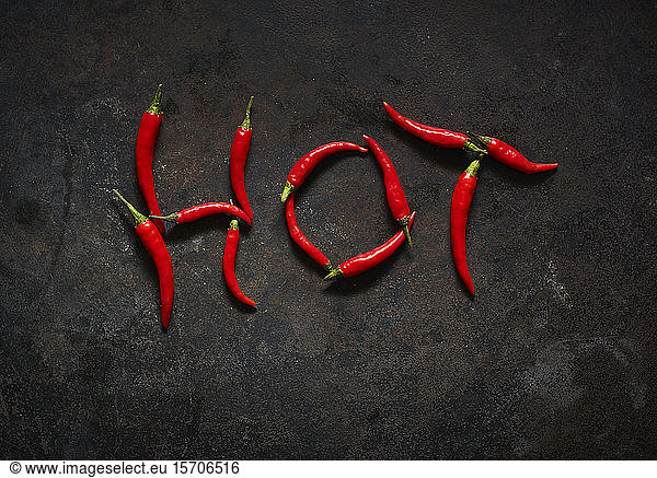 Red chili peppers arranged in word