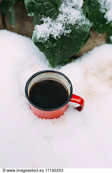 Red enamel cup with hot coffee in the snow