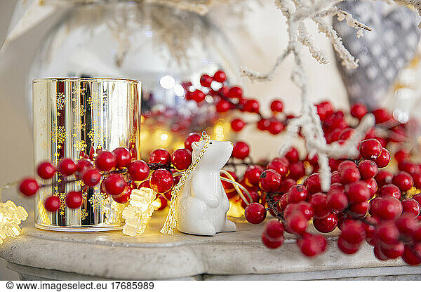 Red Holly berries with illuminated lights on marble fireplace