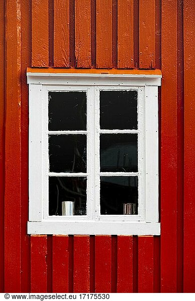 Red house wall with white window  rorbuer  typical wooden houses  Lofoten  Norway  Norway  Europe