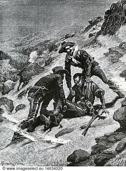 Red Indian Wars of the USA  campaign against Geronimo  1886  10th American cavalry regiment in the battle  'The Rescue of Corporal Scott'  wood engraving based on drawing by Frederic Remington  'Harper's Weekly'  21.8.1886