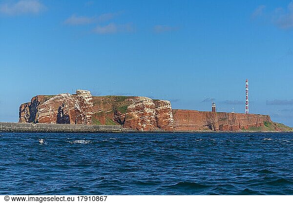 Red red sandstone cliff edge  Heligoland high sea island  North Sea  lighthouse  radio tower  blue sky  Pinneberg district  Schleswig-Holstein  Germany  Europe