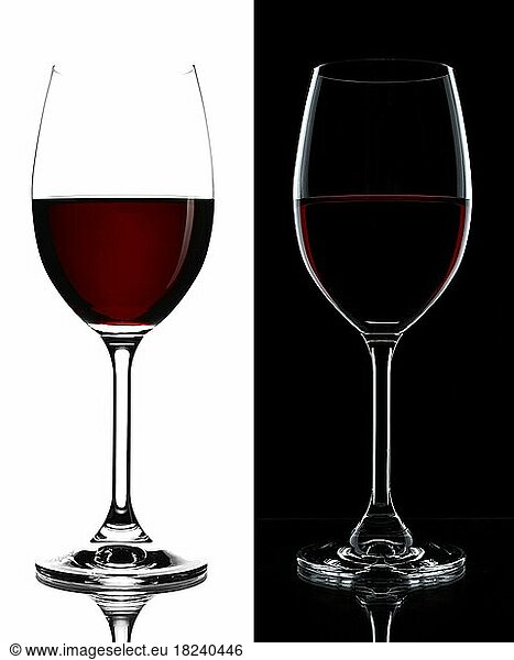 Red wine in a glass isolated on black and white background  realistic photo image  with clip path