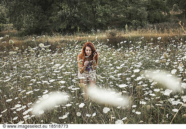 Redhead young woman smelling white flowers at field