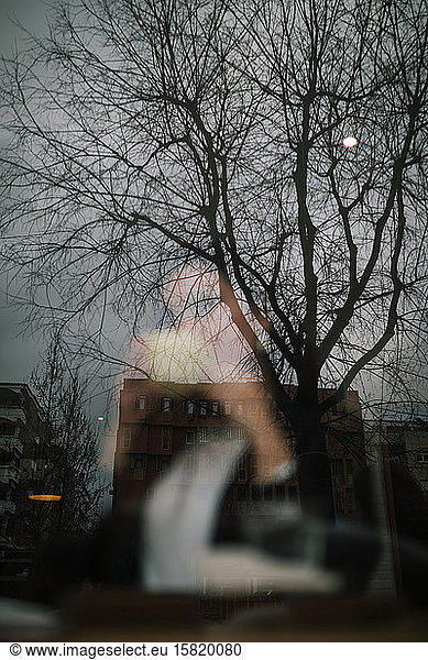 Reflection of buildings and bald tree on windowpane of a coffee shop with woman in the background
