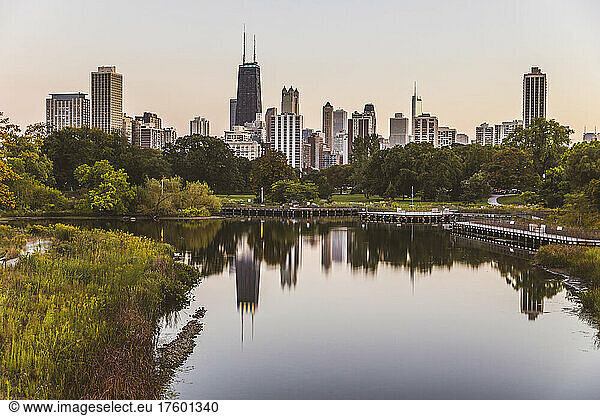 Reflection of cityscape on lake water Chicago  USA