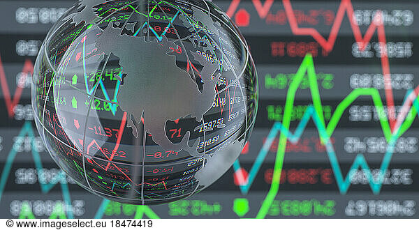 Reflection of graph and financial numbers on glass globe