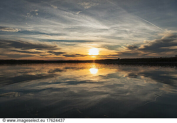 Reflection of sunset in a lake  Lleida  Spain