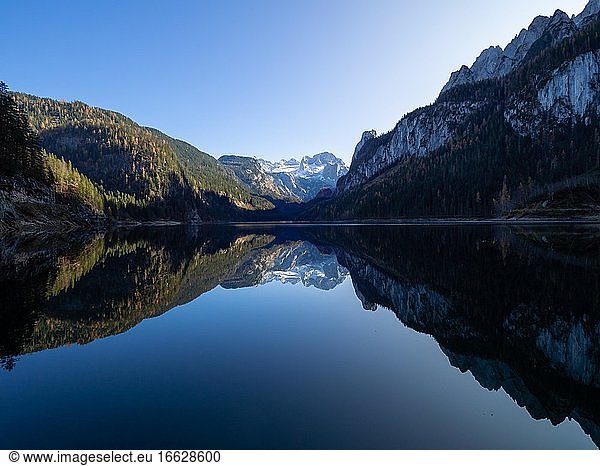 Reflection of the Gosaukamm and Dachstein with glacier in the Gosausee  panorama photo  Salzkammergut  Upper Austria  Austria  Europe