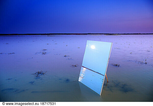 Reflection on a large crystal during the twilight in the natural park of Las Lagunas de Villafafila. zamora. Spain