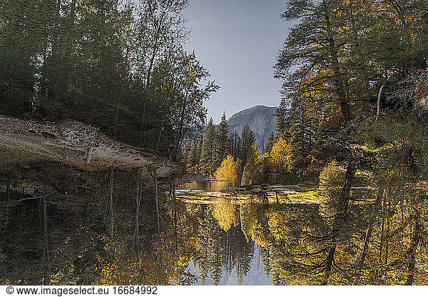 Reflection on river with forest and half dome background in Yosemite
