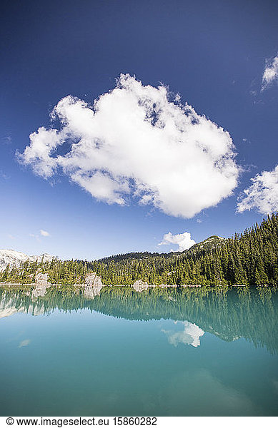 Reflexionen eines ruhigen blauen Sees und eines Bergwaldes.