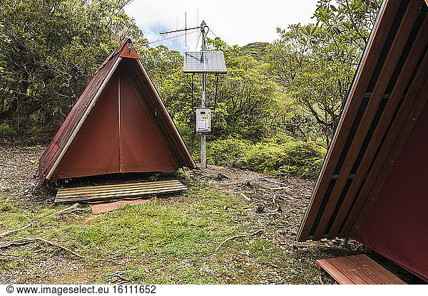 Refuge and emergency call terminal in the park of the Blue River. New Caledonia.