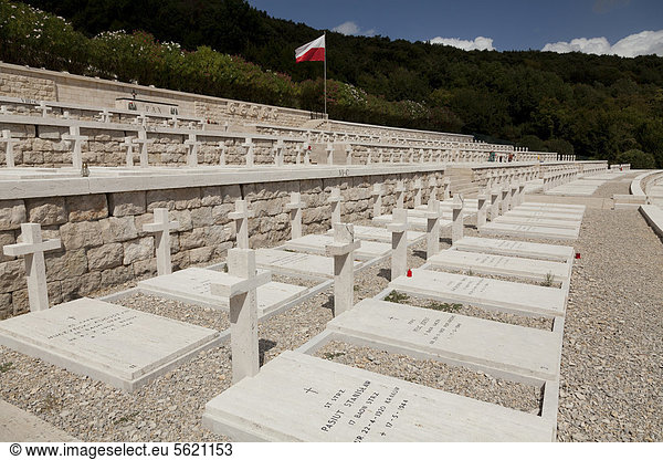 Reihen von Gräbern auf dem polnischen Friedhof bei Monte Cassino oder Montecassino  Latium  Italien  Europa