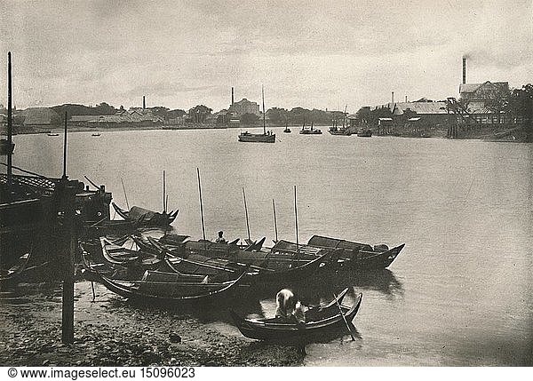 Reismühlen am Poozoondoung Creek Rangun 1900. Schöpfer: Unbekannt.