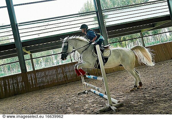 Reiten ein Pferd springen Barriere hübsches junges Mädchen