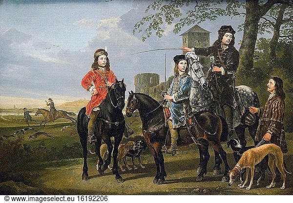Reiterbildnis von Cornelis (1639?1680) und Michiel Pompe van Meerdervoort (1638?1653) mit ihrem Lehrer und Kutscher ('Aufbruch zur Jagd') .