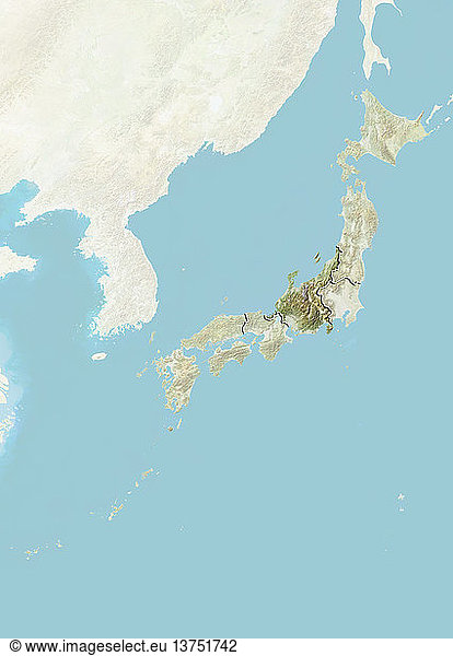 Relief map of Japan showing the region of Chubu. This image was ...