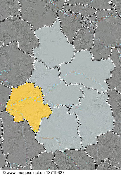Relief map of the departement of Indre-et-Loire in Centre  France. It is home of numerous castles located in the Loire valley. This image was processed from elevation data.