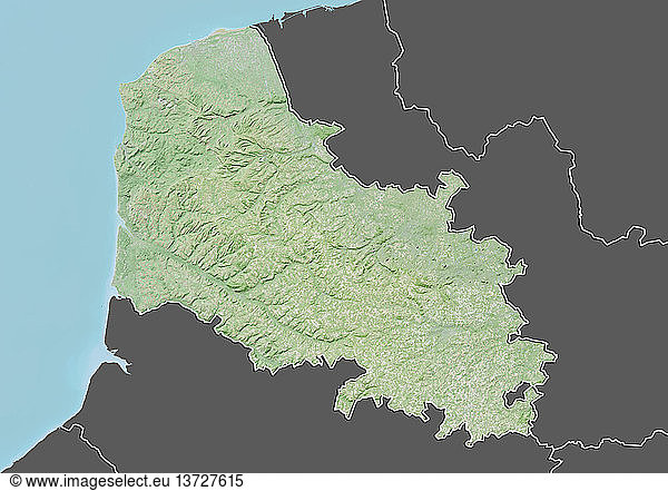 Relief map of the departement of Pas-de-Calais  France. It borders the Strait of Dover in northern France. This image was compiled from data acquired by LANDSAT 5 & 7 satellites combined with elevation data.