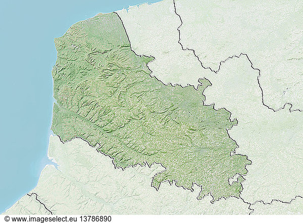 Relief map of the departement of Pas-de-Calais  France. It borders the Strait of Dover in northern France. This image was compiled from data acquired by LANDSAT 5 & 7 satellites combined with elevation data.