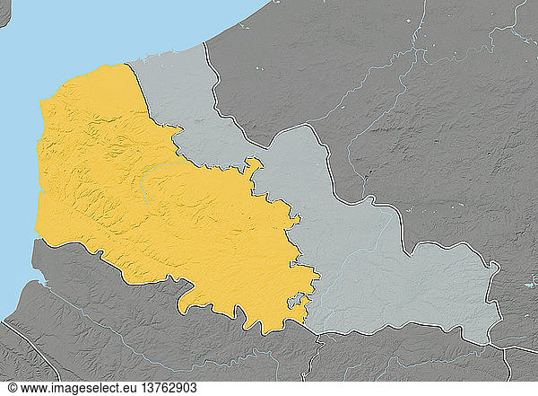 Relief map of the departement of Pas-de-Calais in Nord-Pas-de-Calais  France. Relief map It borders the Strait of Dover in northern France. This image was processed from elevation data.