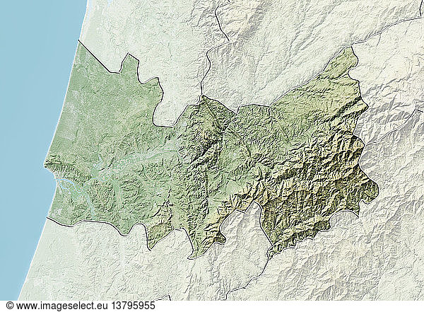 Reliefkarte des Bezirks Coimbra  Portugal. Dieses Bild wurde aus Daten der Satelliten LANDSAT 5 und 7 in Kombination mit Höhendaten erstellt.