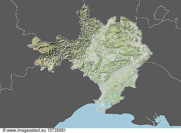 Reliefkarte des Departements Gard  Frankreich. Der höchste Punkt ist der Mont Aigoual. Dieses Bild wurde aus Daten der Satelliten LANDSAT 5 und 7 in Kombination mit Höhendaten erstellt.