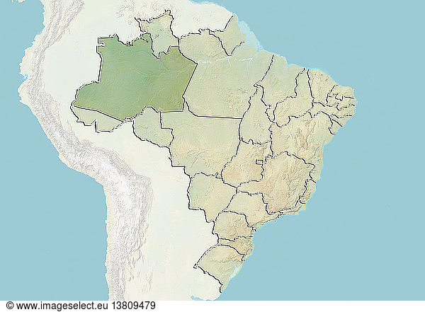 Reliefkarte von Brasilien  die den Bundesstaat Amazonas zeigt. Dieses Bild wurde aus Daten der Satelliten LANDSAT 5 und 7 in Kombination mit Höhendaten erstellt.