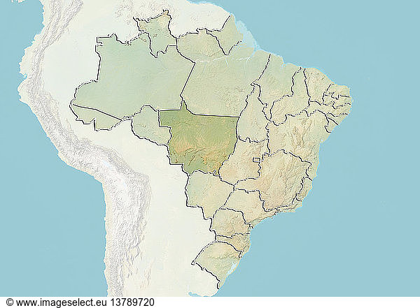 Reliefkarte von Brasilien  die den Bundesstaat Mato Grosso zeigt. Dieses Bild wurde aus Daten der Satelliten LANDSAT 5 und 7 in Kombination mit Höhendaten erstellt.