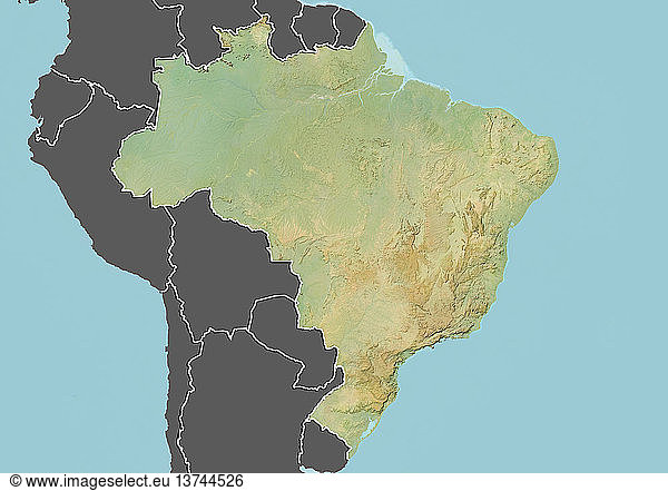 Reliefkarte von Brasilien (mit Rand und Maske). Dieses Bild wurde aus Daten der Satelliten Landsat 5 und 7 in Kombination mit Höhendaten erstellt.