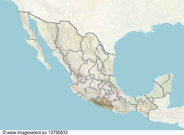 Reliefkarte von Mexiko  die den Bundesstaat Guerrero zeigt. Dieses Bild wurde aus Daten der Satelliten LANDSAT 5 und 7 in Kombination mit Höhendaten erstellt.