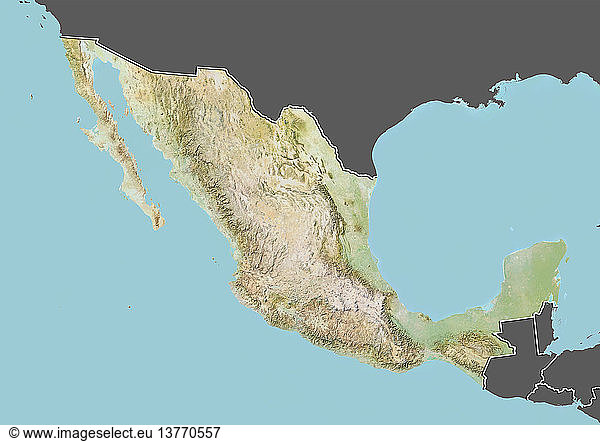 Reliefkarte von Mexiko (mit Grenze und Maske). Dieses Bild wurde aus Daten der Satelliten Landsat 5 und 7 in Kombination mit Höhendaten erstellt.
