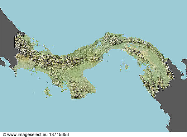 Reliefkarte von Panama (mit Rand und Maske). Dieses Bild wurde aus Daten der Satelliten Landsat 5 und 7 in Kombination mit Höhendaten erstellt.