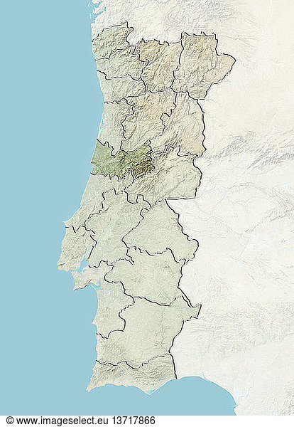 Reliefkarte von Portugal  die den Bezirk Coimbra zeigt. Dieses Bild wurde aus Daten der Satelliten LANDSAT 5 und 7 in Kombination mit Höhendaten erstellt.