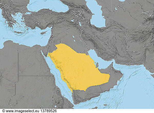 Reliefkarte von Saudi-Arabien im Nahen Osten mit Ländergrenzen. Diese Karte wurde aus Höhendaten erstellt.
