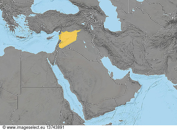 Reliefkarte von Syrien im Nahen Osten mit Ländergrenzen. Diese Karte wurde aus Höhendaten erstellt.